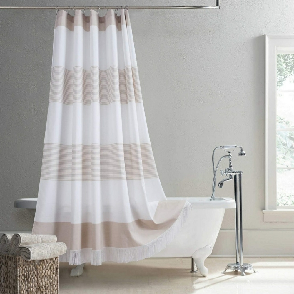 Coastal beige and white striped shower curtain with fringe
